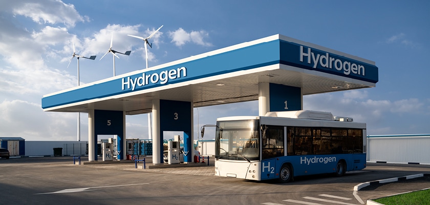 Rendering of a fuel cell bus at the hydrogen filling station
