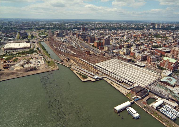 aerial photo of the hoboken terminal and hoboken yards with the Long Slip Fill canal