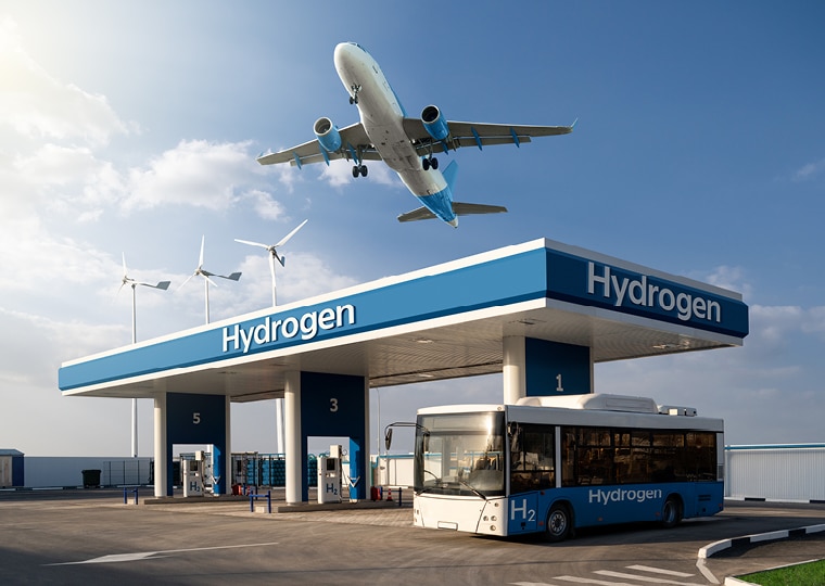 Fuel cell bus at the hydrogen filling station and airplane in the sky
