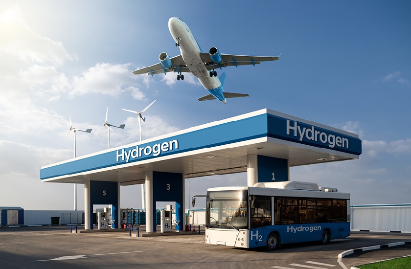 Fuel cell bus at the hydrogen filling station and airplane in the sky