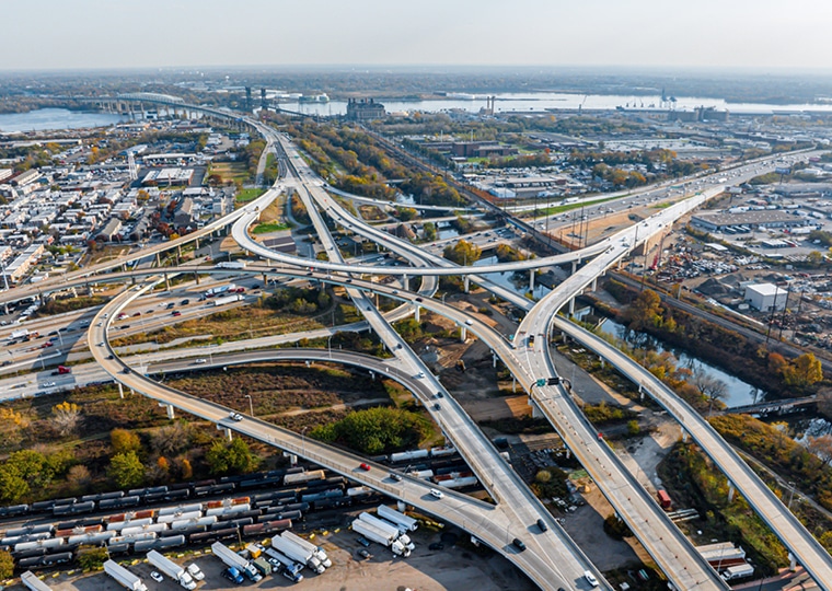 aerial view of highway bridges