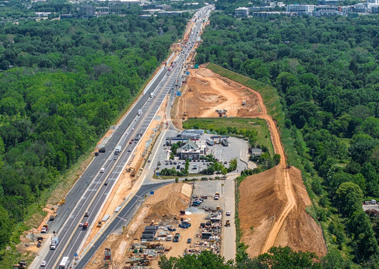 aerial view of road and construction