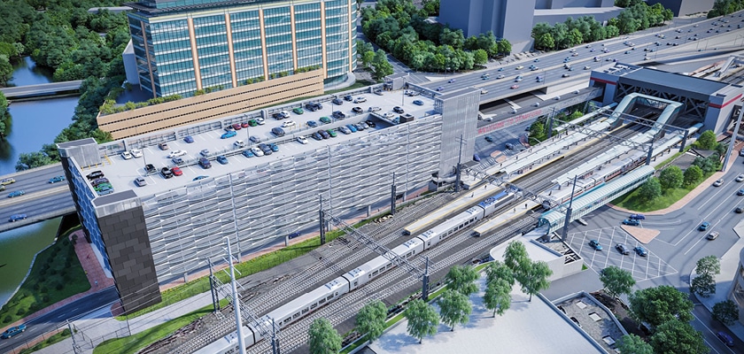 rendering of train station and parking lot