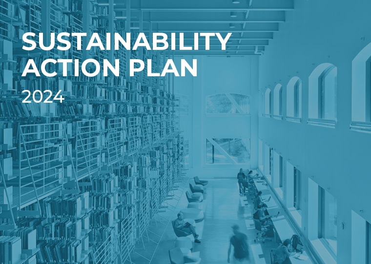 image of library with "sustainability action plan 2024" overlayed on top