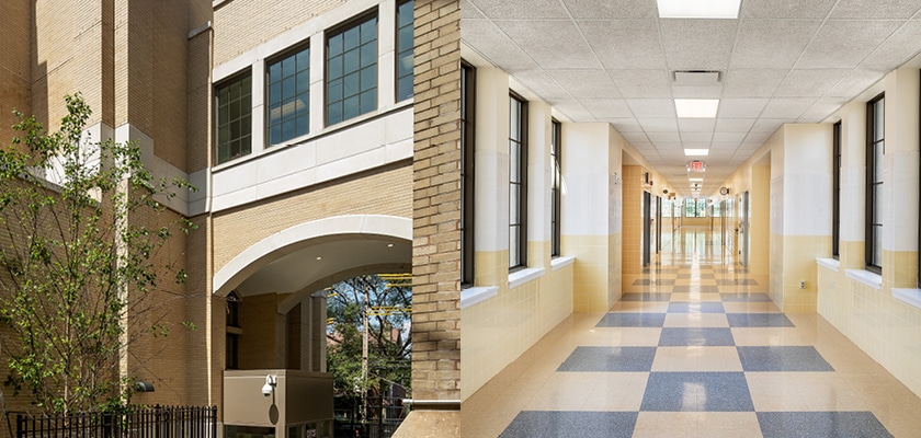 exterior of high school building to the left and inside of school bridge on the right