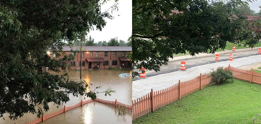 flooded street image on left and dry street on right